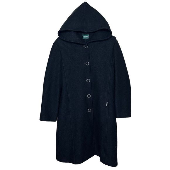 Vintage Geiger Made In Austria Pure New Wool Black Hooded Coat 36 - Picture 1 of 11